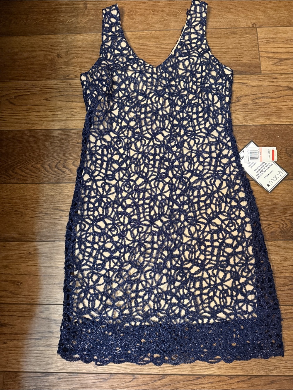 Sleeveless Navy Crochet Midi Dress with Nude Lining - Women's